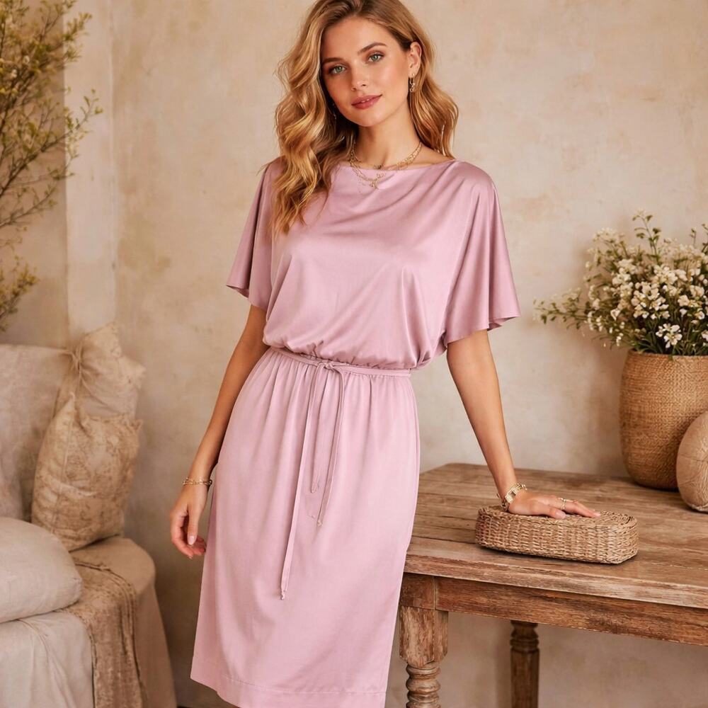 Vintage 70s Pale Pink Flutter Sleeve Midi Secretary Dress S/M